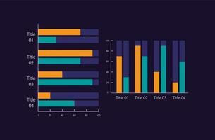 Clustered column infographic chart design template set for dark theme. Compare effectiveness. Visual data presentation. Editable bar graphs collection vector