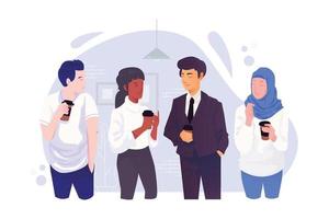 pausa para el café en el concepto de trabajo de oficina, comunicación de trabajo en equipo de negocios, mujer y hombre hablando entre sí, ilustración vectorial plana vector