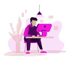 Man working on computer. Man sitting on chair behind the desk. Isolated vector illustration