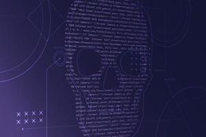 Computer source code on a screen with a skull shape of a virus or malware or hacker attack. vector