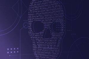 Computer source code on a screen with a skull shape of a virus or malware or hacker attack. vector