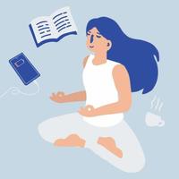 mujer meditando y practicando el concepto de yoga. la niña se sienta en la posición de loto. el proceso del pensamiento y la búsqueda de la idea. ilustración vectorial vector