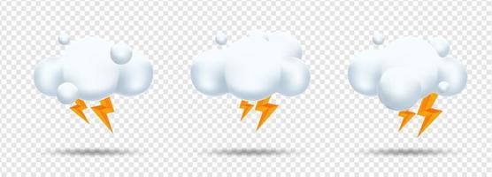 3d fluffy white clouds and lightning without background, 3d realistic clouds collection vector illustration