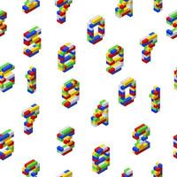 Isometric pattern from numbers collected from multicolored plastic blocks on a white background. For printing and decoration. Vector illustration.