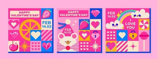 Feliz día de San Valentín. diseño de mosaico. 3 plantillas rosas muy lindas con oso de peluche, nubes de amor y varios elementos festivos. perfecto como postal, saludo, invitación para redes sociales y más vector