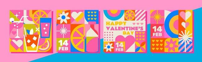 Set of 4 Happy Valentine's Day templates in mosaic style. This design is great for greetings, cards, party invitations, and social media. vector