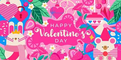 Happy Valentine's day banner on pink background with elements of hearts, cherries, strawberries and cute bunny and teddy bear. Perfect for your project, advertisement, greeting or invitation. vector