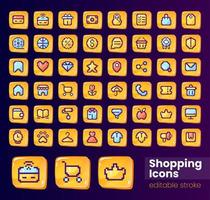 Shopping glossy ui button with pixelated color icon big set. Editable 8bit graphic element on shiny glass rectangle shape. Isolated images collection for arcade, video game design vector