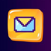 Letter glossy ui button with pixelated color icon. Communication via email. Send message. Editable 8bit graphic element on shiny glass rectangle shape. Isolated image for arcade, video game design vector