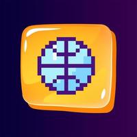 Basketball glossy ui button with pixelated color icon. Team ball game. Sports inventory. Editable 8bit graphic element on shiny glass rectangle shape. Isolated image for arcade, video game design vector