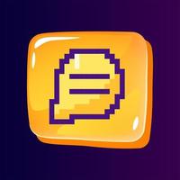 Message in chat glossy ui button with pixelated color icon. Communication online. Editable 8bit graphic element on shiny glass rectangle shape. Isolated image for arcade, video game design vector