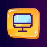 Computer glossy ui button with pixelated color icon. Electronics store. Internet business. Editable 8bit graphic element on shiny glass rectangle shape. Isolated image for arcade, video game design vector