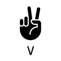 Letter V in ASL system black glyph icon. Sound visualization by gestures. Communication system element. Silhouette symbol on white space. Solid pictogram. Vector isolated illustration