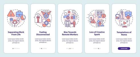 Inconvenientes del trabajo desde casa incorporando la pantalla de la aplicación móvil. tutorial de trabajo remoto 5 pasos instrucciones gráficas editables con conceptos lineales. interfaz de usuario, ux, plantilla de interfaz gráfica de usuario vector