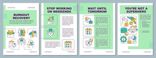 Burnout recovery green brochure template. Self care tips. Avoid overwork. Leaflet design with linear icons. Editable 4 vector layouts for presentation, annual reports