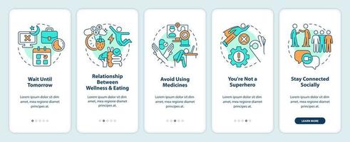 Care for yourself onboarding mobile app screen. Cope with burnout walkthrough 5 steps editable graphic instructions with linear concepts. UI, UX, GUI template vector