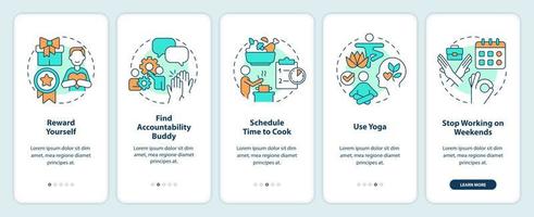 Overcome wok burnout onboarding mobile app screen. Mental health walkthrough 5 steps editable graphic instructions with linear concepts. UI, UX, GUI template vector