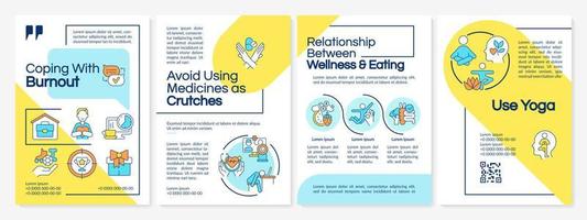 Cope with burnout blue and yellow brochure template. Care of yourself. Leaflet design with linear icons. Editable 4 vector layouts for presentation, annual reports