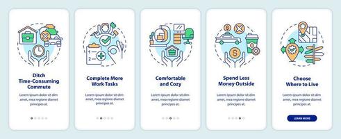 Benefits of working from home onboarding mobile app screen. Walkthrough 5 steps editable graphic instructions with linear concepts. UI, UX, GUI template vector