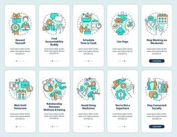 Remote worker wellbeing onboarding mobile app screen set. Walkthrough 5 steps editable graphic instructions with linear concepts. UI, UX, GUI template vector