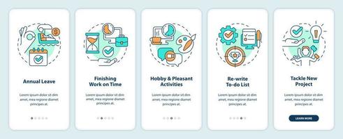 Coping with burnout onboarding mobile app screen. Combat work overload walkthrough 5 steps editable graphic instructions with linear concepts. UI, UX, GUI template vector