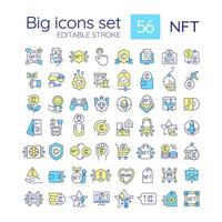 NFT RGB color icons set. Blockchain technology. Collectible virtual artefacts. Isolated vector illustrations. Simple filled line drawings collection. Editable stroke