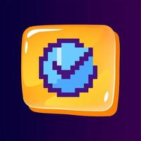 Tick in circle glossy ui button with pixelated color icon. Vote function. Completed task. Editable 8bit graphic element on shiny glass rectangle shape. Isolated image for arcade, video game design vector