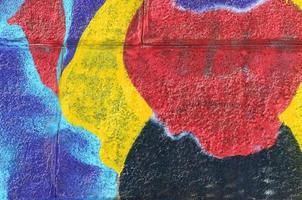 Fragment of graffiti drawings. The old wall decorated with paint stains in the style of street art culture. Multicolored background texture photo