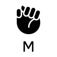 Letter M in American sign language black glyph icon. Visual communication system. Coping with deafness. Silhouette symbol on white space. Solid pictogram. Vector isolated illustration