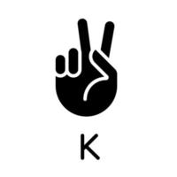 Letter K sign in ASL black glyph icon. Nonverbal communication process. Patients with deafness care. Silhouette symbol on white space. Solid pictogram. Vector isolated illustration