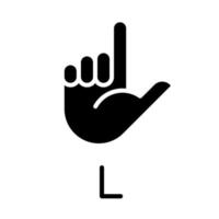 Letter L in American sign language black glyph icon. Communication system element. Talking by gestures. Silhouette symbol on white space. Solid pictogram. Vector isolated illustration