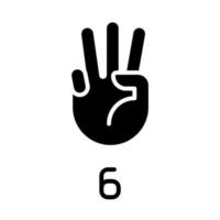 Digit six in American sign language black glyph icon. Visual modality for count. Nonverbal communication. Silhouette symbol on white space. Solid pictogram. Vector isolated illustration