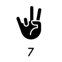 Digit seven sign in ASL black glyph icon. Number visual modality. Nonverbal communication and count system. Silhouette symbol on white space. Solid pictogram. Vector isolated illustration