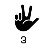 Signing digit three in ASL black glyph icon. Nonverbal communication system. Learning gesture to count. Silhouette symbol on white space. Solid pictogram. Vector isolated illustration