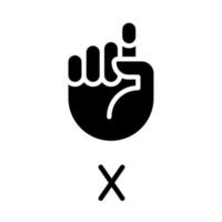 Letter X in ASL black glyph icon. American sign language. Visual modality presentation. Dealing with deafness. Silhouette symbol on white space. Solid pictogram. Vector isolated illustration