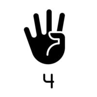 Digit four sign in ASL black glyph icon. Nonverbal communication performing. Modality visualization. Silhouette symbol on white space. Solid pictogram. Vector isolated illustration