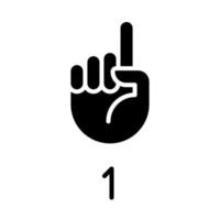 Digit one in ASL black glyph icon. Nonverbal communication system. Gesture language detail. Sign for number. Silhouette symbol on white space. Solid pictogram. Vector isolated illustration