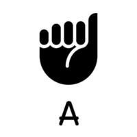 Letter A in American sign language black glyph icon. Communication system element. Gesture performance. Silhouette symbol on white space. Solid pictogram. Vector isolated illustration