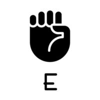 Letter E visualization in ASL black glyph icon. People with deafness support. Build words with visual signs. Silhouette symbol on white space. Solid pictogram. Vector isolated illustration