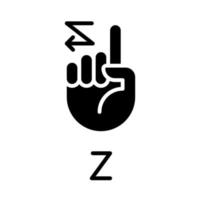 firmando la letra z en el icono de glifo negro asl. lenguaje no verbal americano. tratar el problema de la sordera. símbolo de silueta en el espacio en blanco. pictograma sólido. ilustración vectorial aislada vector
