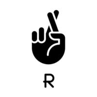 Letter R in American sign language black glyph icon. Connecting gestures to show words. Communication. Silhouette symbol on white space. Solid pictogram. Vector isolated illustration