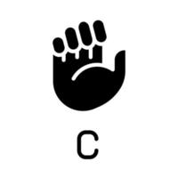 Sign for letter C in ASL black glyph icon. Nonverbal communication. Visual system. Information performance. Silhouette symbol on white space. Solid pictogram. Vector isolated illustration