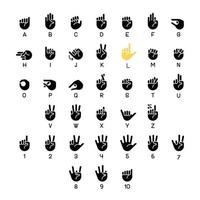 American sign language black glyph icons set on white space. Communication system. Coping with deafness issue. Silhouette symbols. Solid pictogram pack. Vector isolated illustration