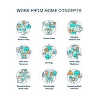 Work from home tips concept icons set. Self care. Burnout prevention. Remote workplace idea thin line color illustrations. Isolated symbols. Editable stroke vector