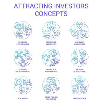 Attracting investors blue gradient concept icons set. Involve funding. Small business financing idea thin line color illustrations. Isolated symbols vector