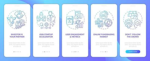 Ways to attract investors onboarding blue gradient mobile app screen. Walkthrough 5 steps editable graphic instructions with linear concepts. UI, UX, GUI template vector