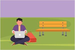 Graphic flat design drawing of young businessman using laptop computer sitting on grass in the park. Relax male student typing computer keyboard and studying outdoor. Cartoon style vector illustration