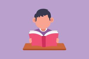 Character flat drawing of little baby boy is reading book at learning desk. Source of knowledge. Intelligent young male student. Education and intellectual concept. Cartoon design vector illustration