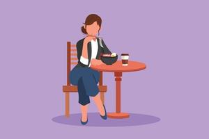 Graphic flat design drawing beautiful woman sitting on table at restaurant, eating noodles with chopstick and drink coffee cup in morning breakfast. Tasty fast food. Cartoon style vector illustration