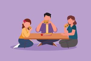 Character flat drawing happy family with child eating hamburgers while sitting at table in restaurant. Father mother and little daughter having lunch with fast food. Cartoon design vector illustration